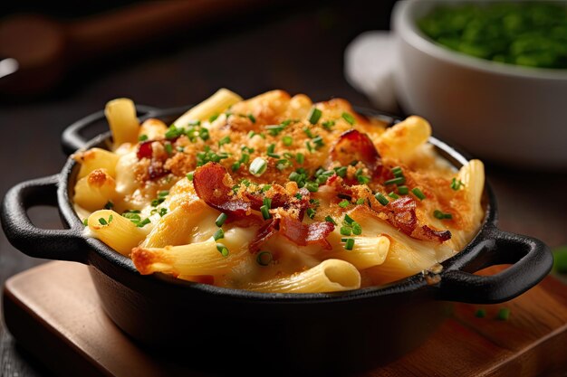 Deliciosamente queso Bacon Macaroni horneado y cocinado en un tazón perfecto de pasta en una mesa encima