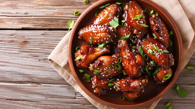 Deliciosas alitas de pollo teriyaki asiáticas Un delicioso primer plano en un plato