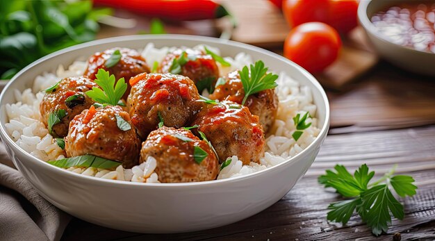 Deliciosas almôndegas caseiras de frango ou peru com arroz, legumes e molho de tomate