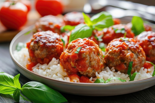 Deliciosas almôndegas caseiras de frango ou peru com arroz, legumes e molho de tomate