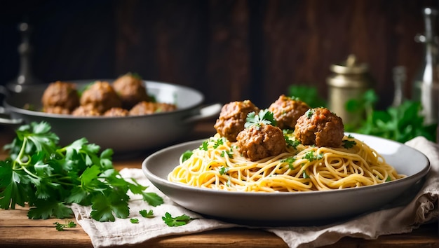 Deliciosas y apetitosas albóndigas con espagueti en la cocina.