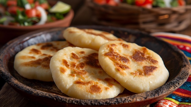 Deliciosas arepas de queijo frito dourado servidas com salada fresca