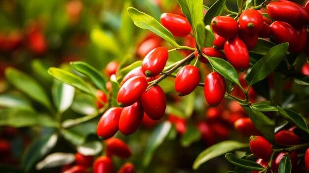 Deliciosas bagas de goji vermelhas vibrantes de perto em meio a folhas verdes verdes