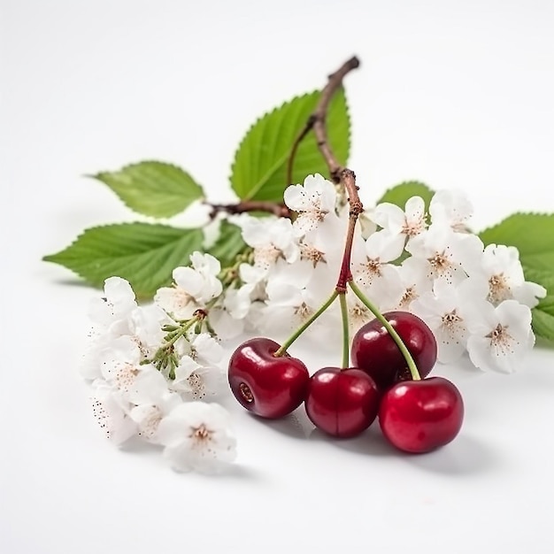 Foto deliciosas bagas vermelhas apetitosas e suculentas e flores de cerejeira brancas macias fechadas em branco