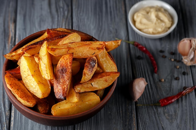 Deliciosas batatas assadas com alecrim e tomilho em uma placa de cerâmica fechada