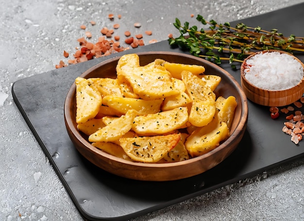 Foto deliciosas batatas crocantes com sal e especiarias sobre um fundo de concreto texturizado