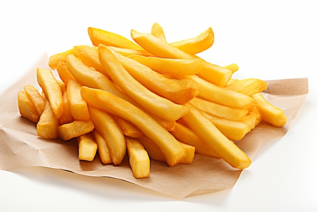 Deliciosas batatas fritas clássicas servidas num pacote de papel crocante isolado sobre um fundo branco limpo