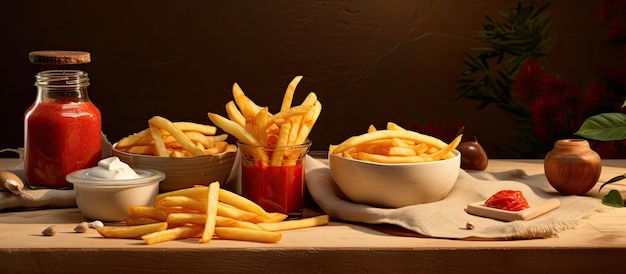 Deliciosas batatas fritas e molhos são colocados na mesa