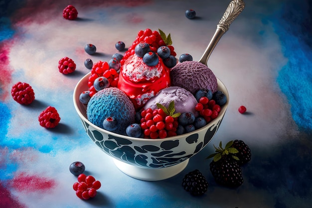 Deliciosas bayas congeladas con helado en un tazón pequeño