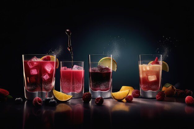 Foto deliciosas bebidas de frutas con hielo perfectas para los calurosos días de verano cócteles refrescantes con sabores de cítricos y frambuesa ai generativo