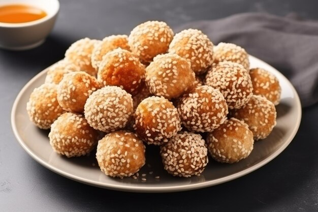 Deliciosas bolas de gergelim em um prato em uma mesa cinza claro em close-up