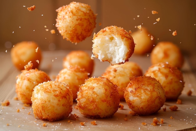 Deliciosas bolas de queijo douradas a salpicar na mesa de madeira aperitivos crocantes comida rápida