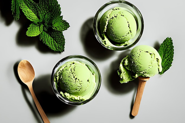 Deliciosas bolas de sorvete Matcha isoladas em Colorfull Background