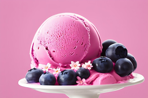 Deliciosas bolas de helado de arándano aisladas sobre fondo colorido