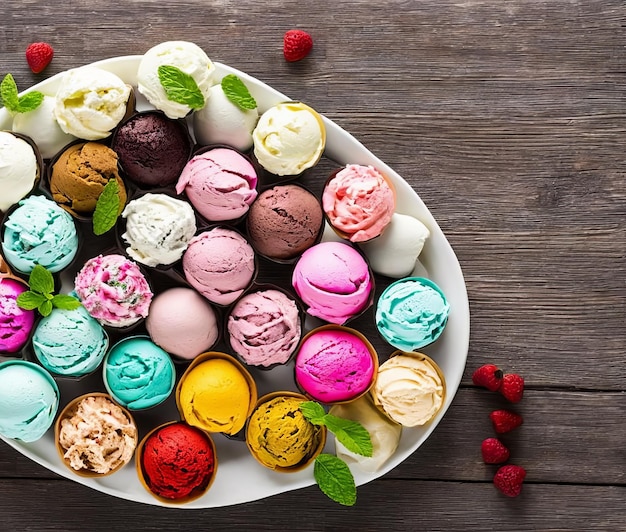 deliciosas bolas de helado con bayas frescas sobre fondo gris