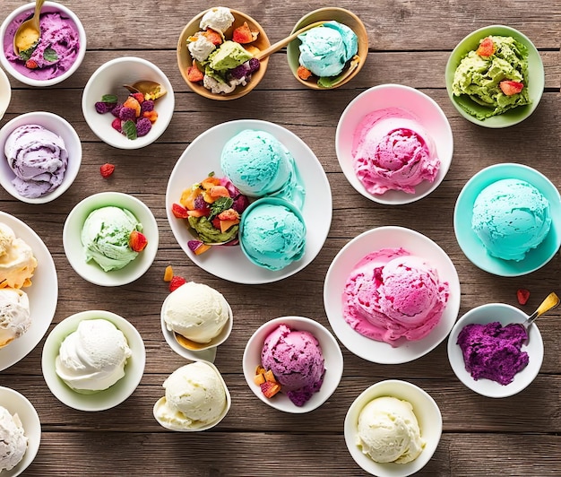 deliciosas bolas de helado con bayas frescas sobre fondo gris