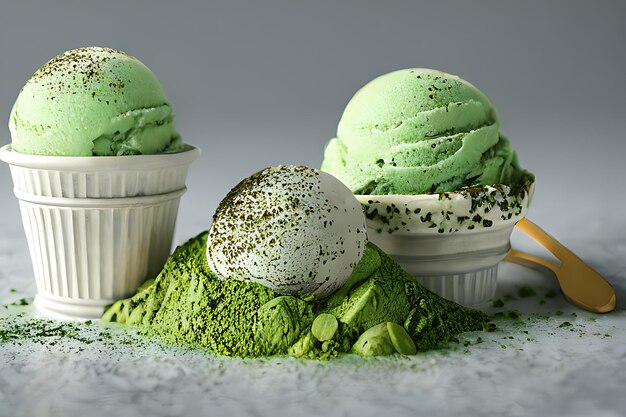 Deliciosas bolas de helado Matcha aisladas sobre fondo colorido