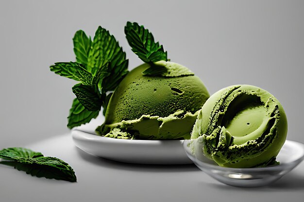 Deliciosas bolas de helado Matcha aisladas sobre fondo colorido