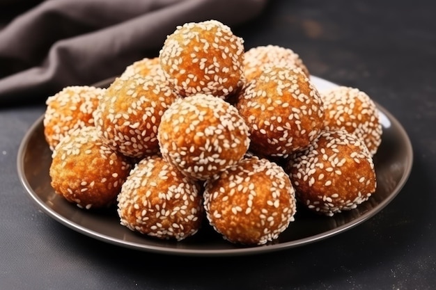 Deliciosas bolas de sésamo en un plato en un primer plano de una mesa gris claro