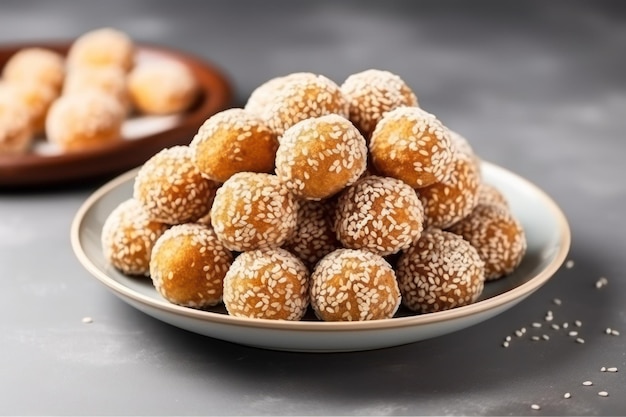 Deliciosas bolas de sésamo en un plato en un primer plano de una mesa gris claro