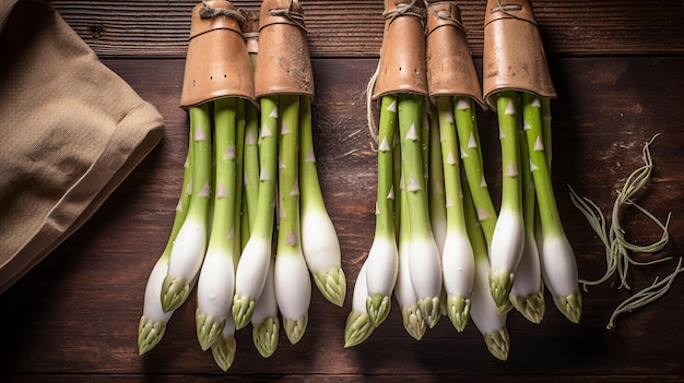 Deliciosas botellas de espárragos verdes y blancos