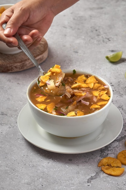 Deliciosas cebolas de peixe, guisado. Cozinha tradicional equatoriana. encebolado