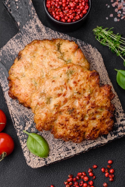 Deliciosas chuletas de carne de pollo picada y frita con especias saladas y hierbas