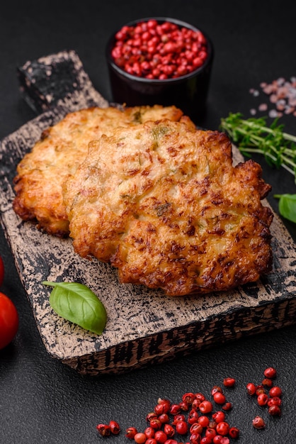 Deliciosas chuletas de carne de pollo picada y frita con especias saladas y hierbas