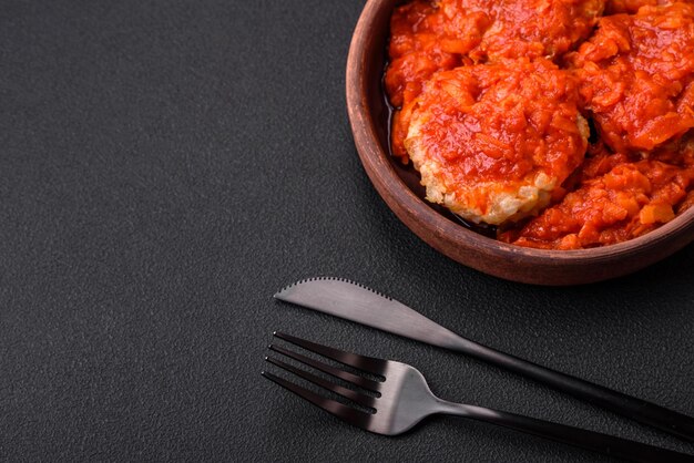 Deliciosas chuletas frescas o albóndigas con hierbas aromáticas y salsa de tomate