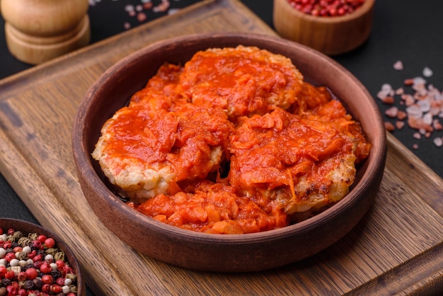 Deliciosas chuletas frescas o albóndigas con hierbas aromáticas y salsa de tomate