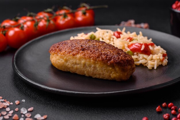 Foto deliciosas chuletas fritas o albóndigas de pescado picado con arroz