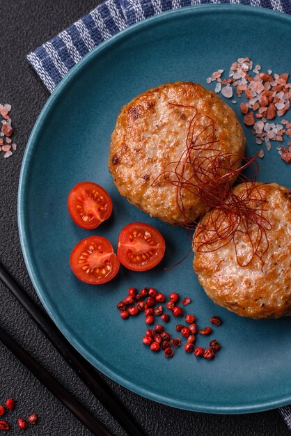 Deliciosas chuletas de pescado picado fresco frito con especias y hierbas sobre un fondo de hormigón oscuro