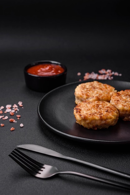 Deliciosas costeletas frescas ou almôndegas com especiarias ervas e molho de tomate