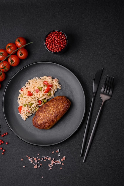 Deliciosas costeletas fritas ou almôndegas de peixe picado com arroz