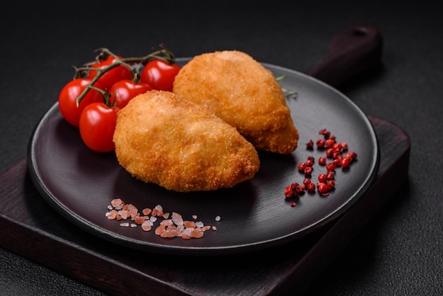 Deliciosas costeletas suculentas ou almôndegas de frango picado com sal e especiarias sobre um fundo de concreto texturizado