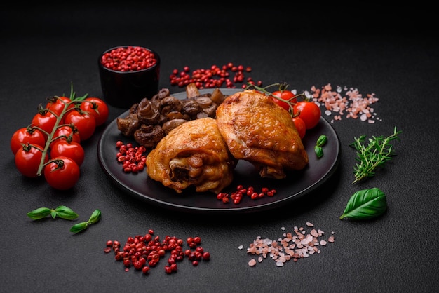 Deliciosas coxas de frango suculentas assadas com especiarias salgadas e ervas em uma placa de cerâmica