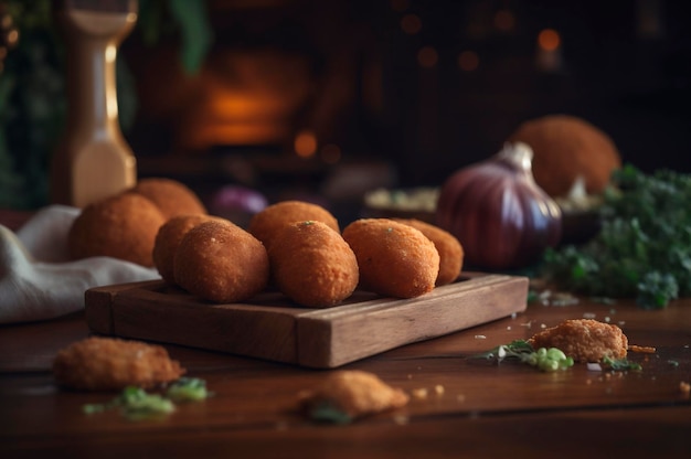 Deliciosas croquetas caseras sobre una mesa de madera en un fondo rústico de cocina generado por IA