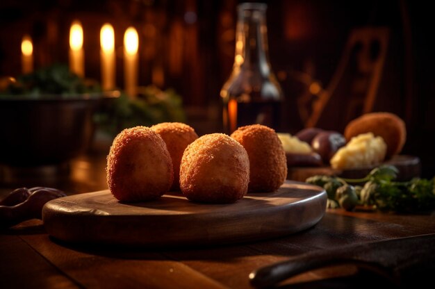 Deliciosas croquetas caseras sobre una mesa de madera en un fondo rústico de cocina generado por IA