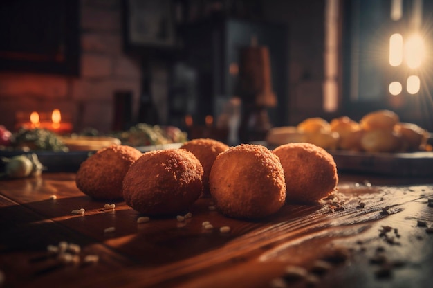 Deliciosas croquetas caseras sobre una mesa de madera en un fondo rústico de cocina generado por IA