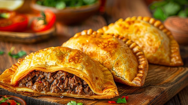 Foto deliciosas empanadas caseiras de carne servidas em uma mesa de madeira com ingredientes frescos