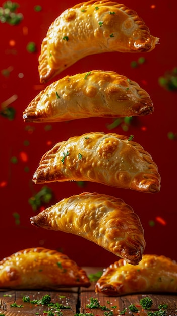 Deliciosas empanadas doradas horneadas suspendidas en el aire con hierbas y especias en un rojo vibrante