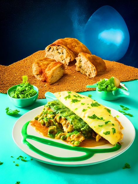 deliciosas enchiladas com molho verde, queijo ralado, alface, tiras de frango em um fundo de prato branco