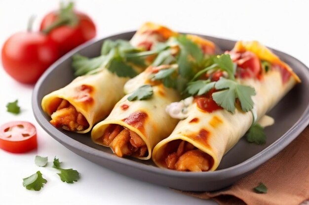 Deliciosas enchiladas de pollo aisladas sobre un fondo blanco