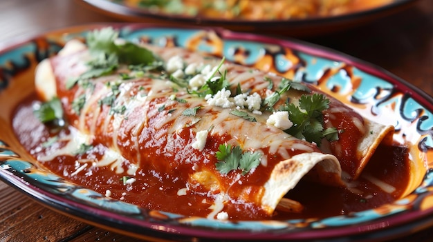 Deliciosas enchiladas sufocadas em molho vermelho e queijo derretido terminadas com coentro fresco