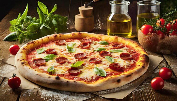 deliciosas especias de ensalada de pizza publicidad visual