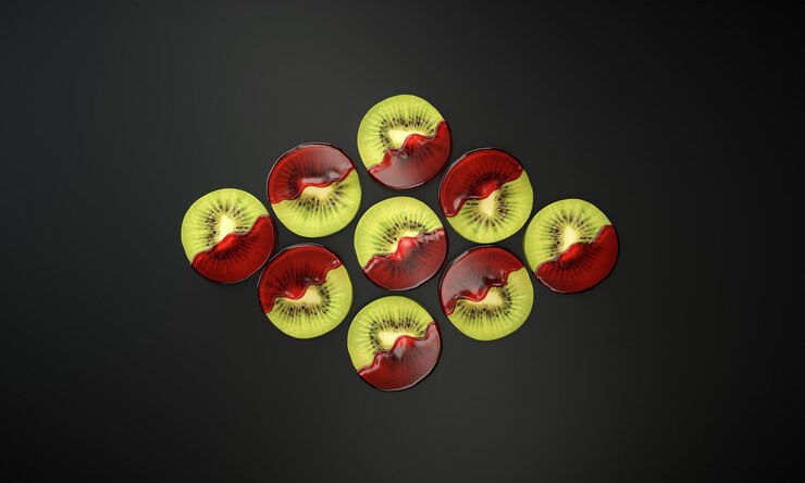 Foto deliciosas fatias de kiwi cobertas com geléia de morango