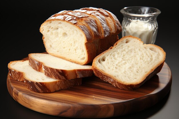 Deliciosas fatias de pão branco num prato de madeira