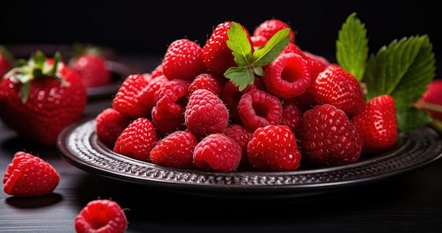 Deliciosas fresas y frambuesas maduras en un plato generado por IA