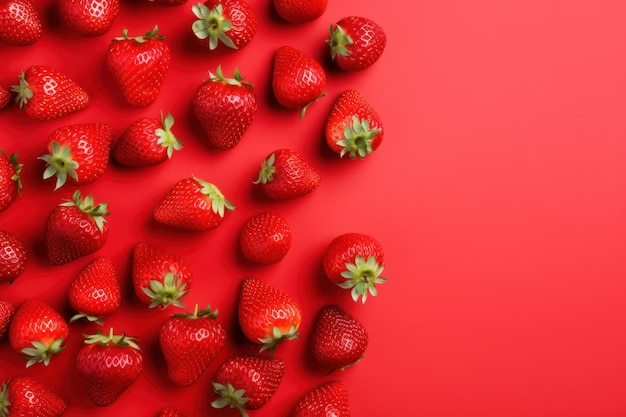 Deliciosas fresas maduras sobre fondo rojo generadas por IA