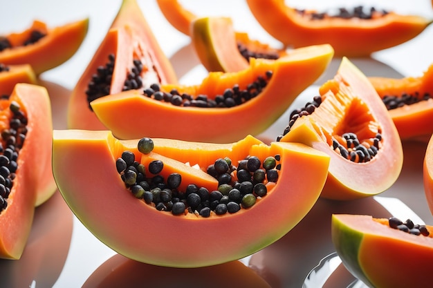 deliciosas frutas de papaia cortadas em pequenos cubos em uma placa de vidro isolada em fundo de papel branco